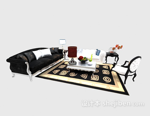 设计本奢华大气中式茶几沙发组合3d模型下载