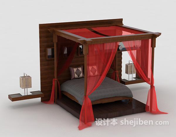 中式风格中式布幔床3d模型下载