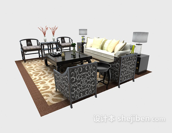 中式风格中式组合沙发茶几3d模型下载