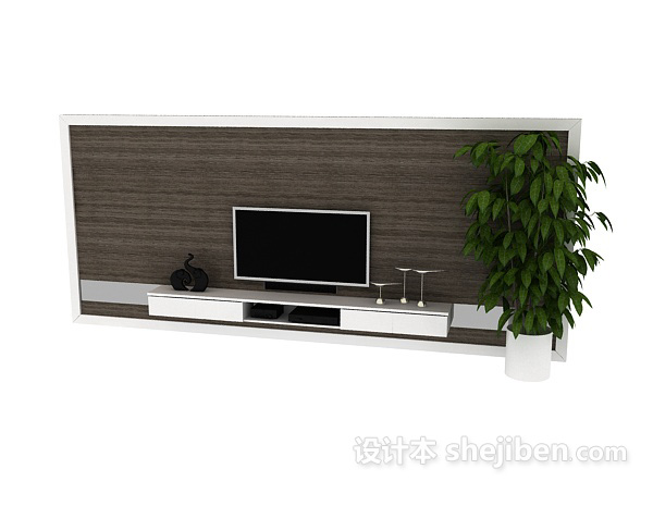 现代风格电视墙盆栽3d模型下载