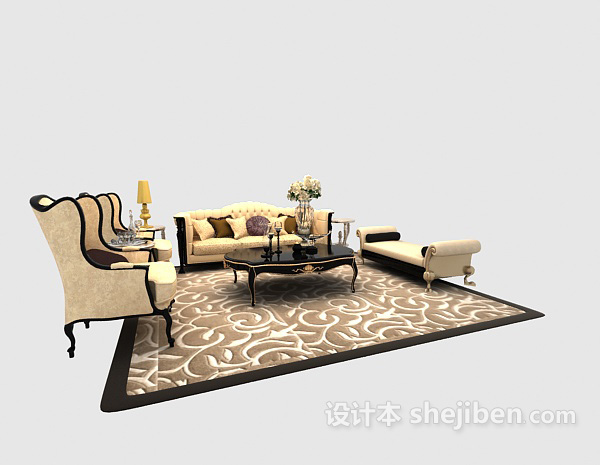 欧式风格黑白搭配大气欧式多人沙发3d模型下载