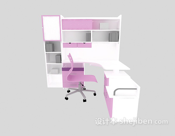 免费粉色现代风格书柜电脑桌3d模型下载