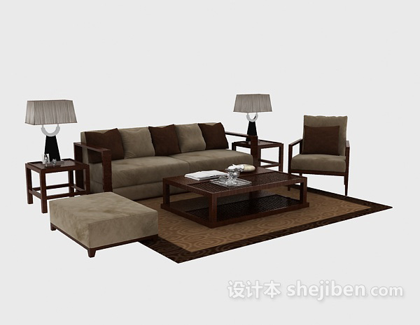 简洁清爽中式组合沙发茶几3d模型下载