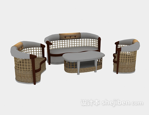 中式风格中式铁艺休闲藤桌椅组合家具3d模型下载