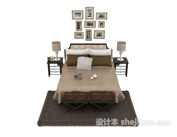 现代风格床照片墙3d模型下载