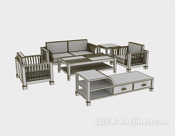 中式风格中式沙发组合3d模型下载