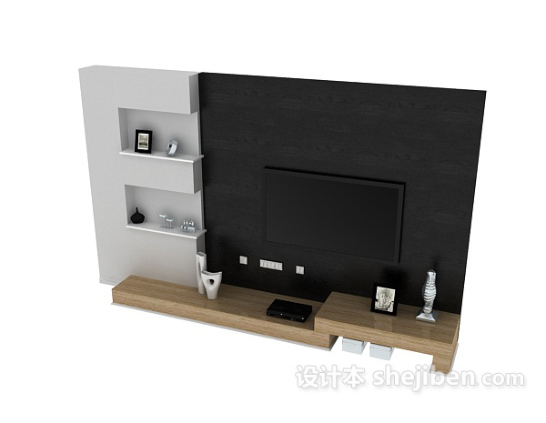 现代风格黑色电视墙3d模型下载