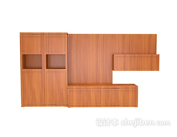 现代风格棕色实木一体电视柜3d模型下载