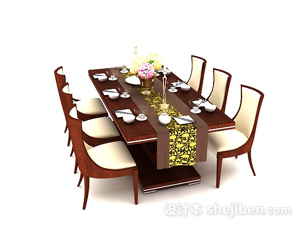 现代风格实木六人餐桌3d模型下载