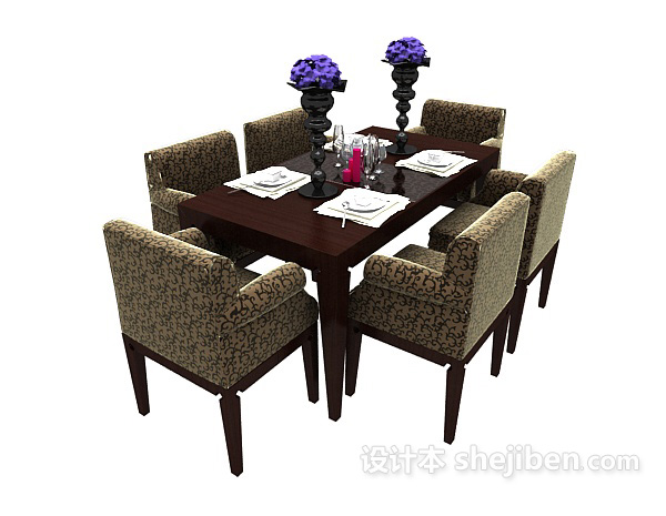 美式六人餐桌3d模型下载