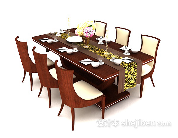 实木六人餐桌3d模型下载