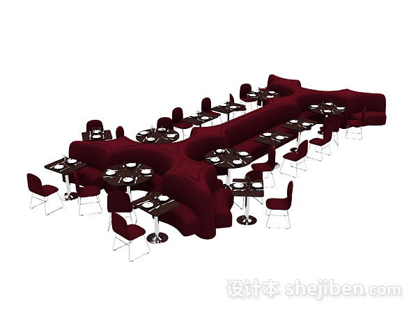 免费餐厅红色多人桌椅组合3d模型下载