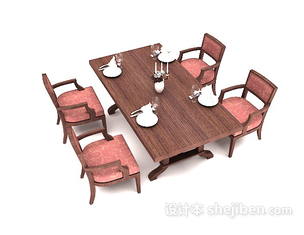 中式四人实木餐桌3d模型下载