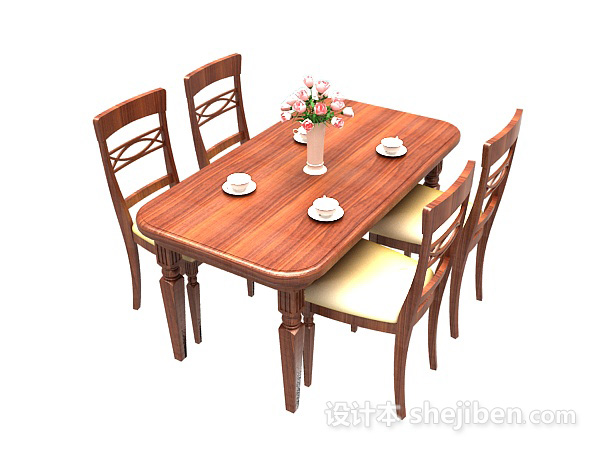 免费简约风格实木餐桌椅3d模型下载