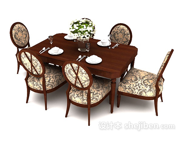 六人实木餐桌3d模型下载