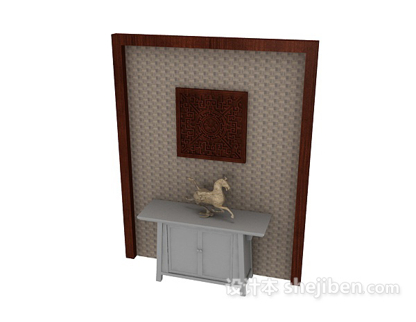 免费中式风格厅柜、背景墙3d模型下载