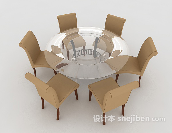 六人桌椅组合3d模型下载