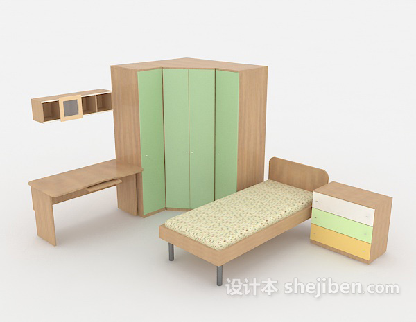 单人床、衣柜组合3d模型下载