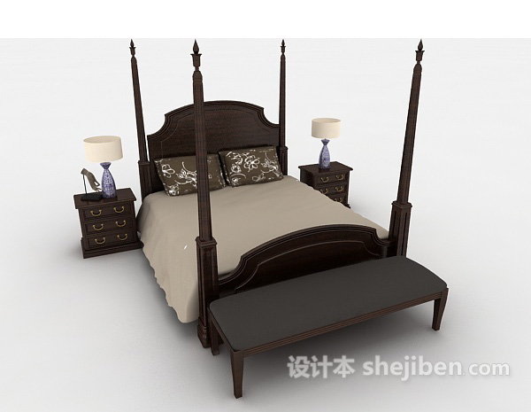 免费美式复古双人床3d模型下载