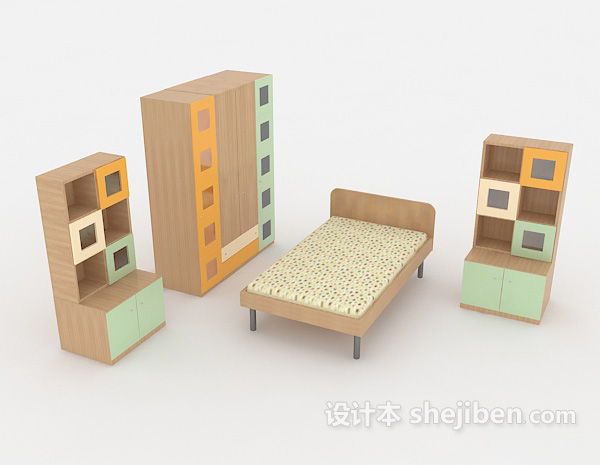 免费家居单人床、衣柜组合3d模型下载