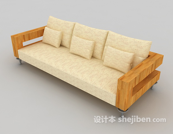 设计本黄色实木多人沙发3d模型下载