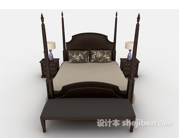 其它美式复古双人床3d模型下载