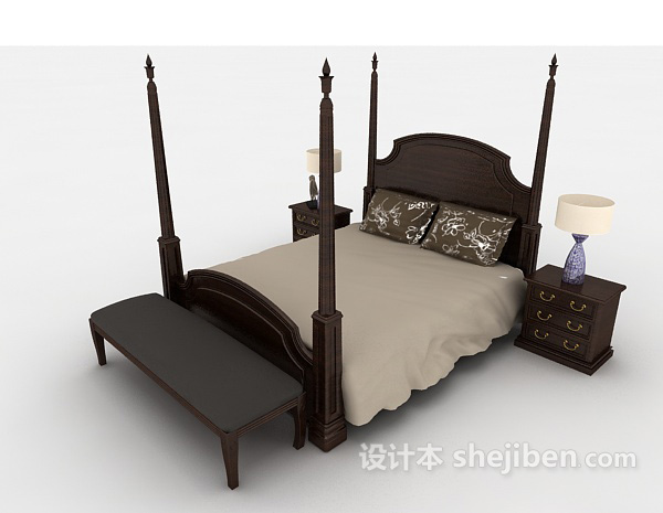 美式复古双人床3d模型下载
