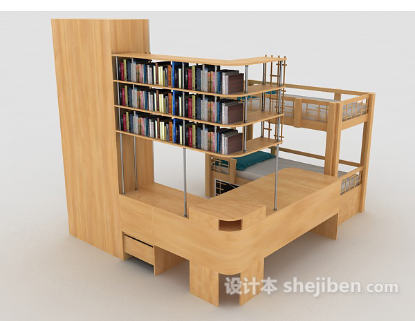 实木书柜、上下铺床3d模型下载