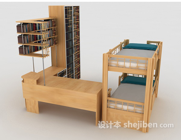 免费实木书柜、上下铺床3d模型下载