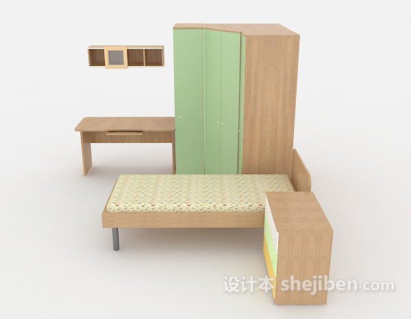 现代风格单人床、衣柜组合3d模型下载