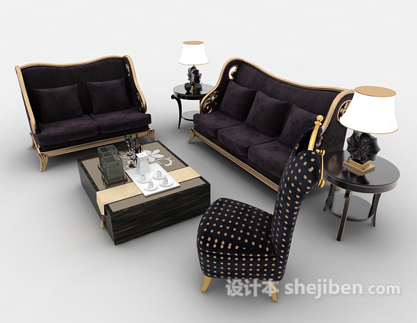 设计本欧式紫色组合沙发3d模型下载