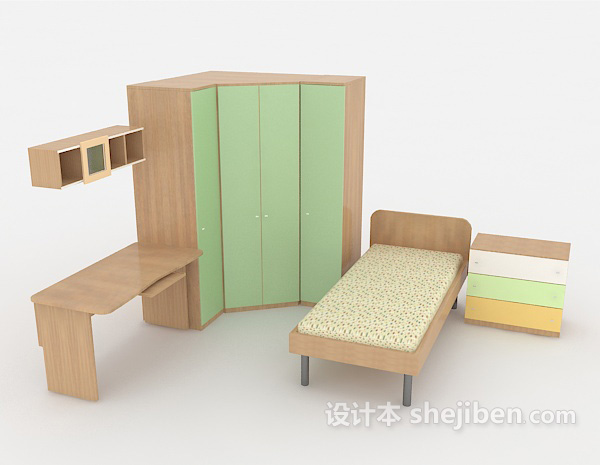 免费单人床、衣柜组合3d模型下载