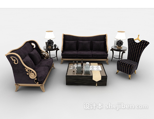 欧式风格欧式紫色组合沙发3d模型下载