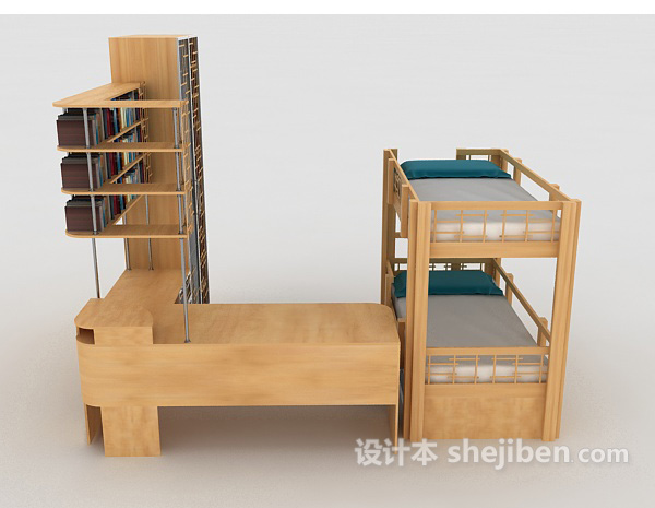现代风格实木书柜、上下铺床3d模型下载