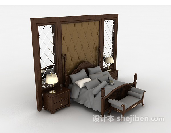免费实木新古典双人床3d模型下载