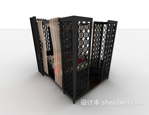 中式古典双人床3d模型下载