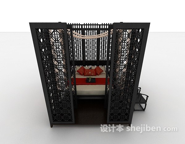 中式风格中式古典双人床3d模型下载