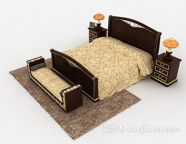 设计本实木古典双人床3d模型下载