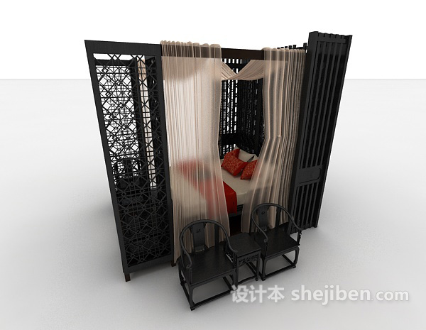 设计本中式古典双人床3d模型下载