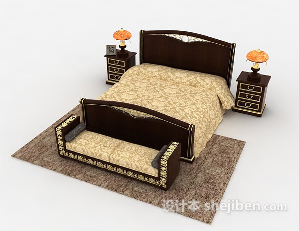 免费实木古典双人床3d模型下载