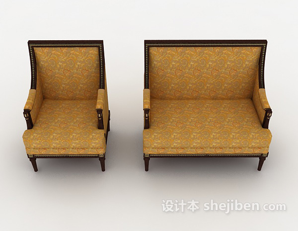 中式风格新中式金色双人沙发3d模型下载