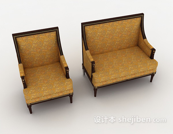 新中式金色双人沙发3d模型下载