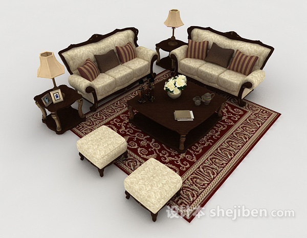 欧式复古家居棕色组合沙发3d模型下载