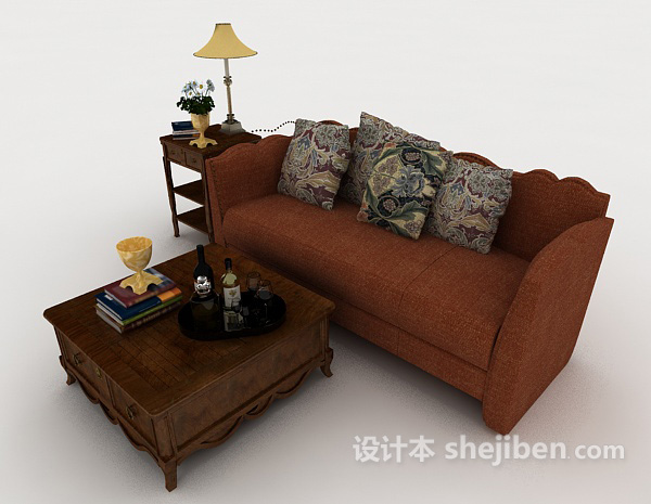 新中式暗红色双人沙发3d模型下载