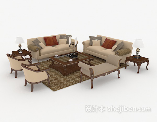 中式木质棕色组合沙发3d模型下载