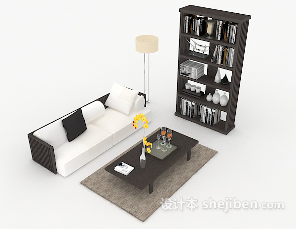 简单新中式风格多人沙发3d模型下载