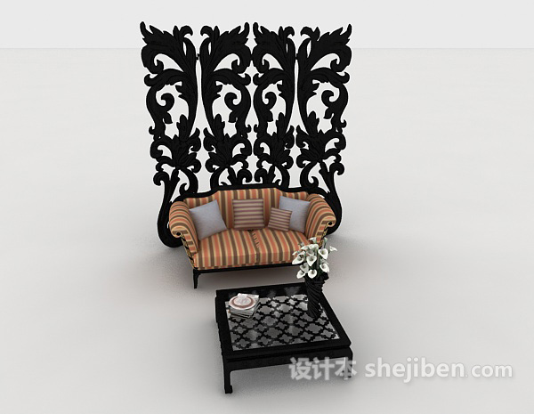 中式风格新中式条纹双人沙发3d模型下载