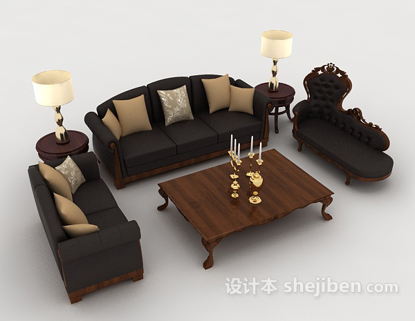 欧式家居木质黑色组合沙发3d模型下载