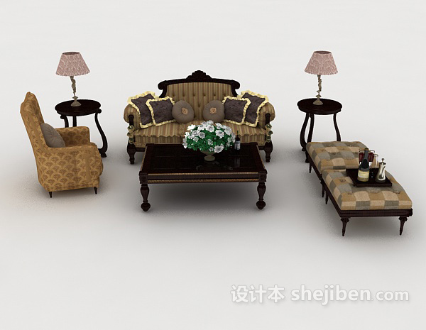 欧式风格欧式木质复古组合沙发3d模型下载