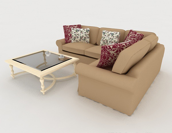 免费简欧棕色多人沙发3d模型下载